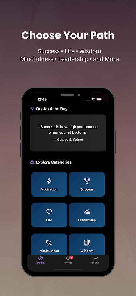 Multiple categories of quotes you can choose from, such as Motivation, Success, Life, Leadership, and more