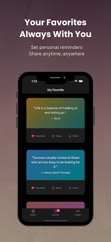 Favorites library with card view, enable notification and sharing feature for each