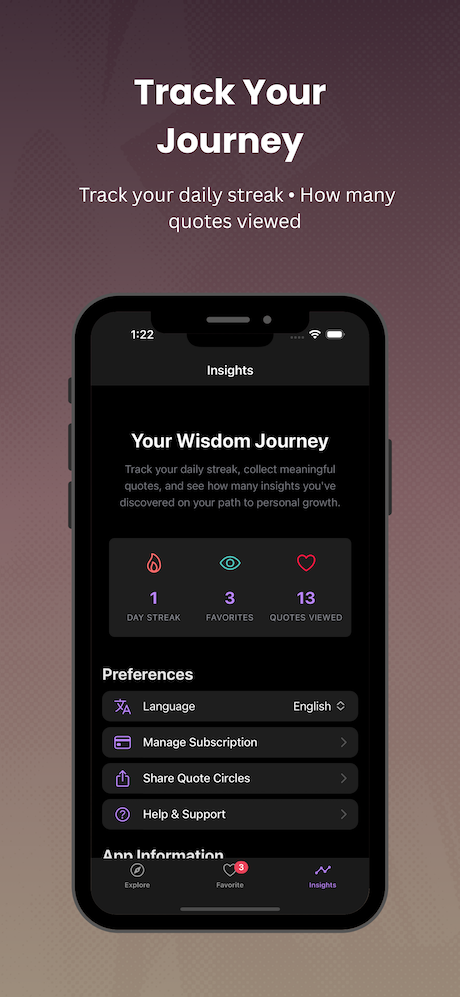 Track your daily streak, how many quotes you viewed, and favorited.